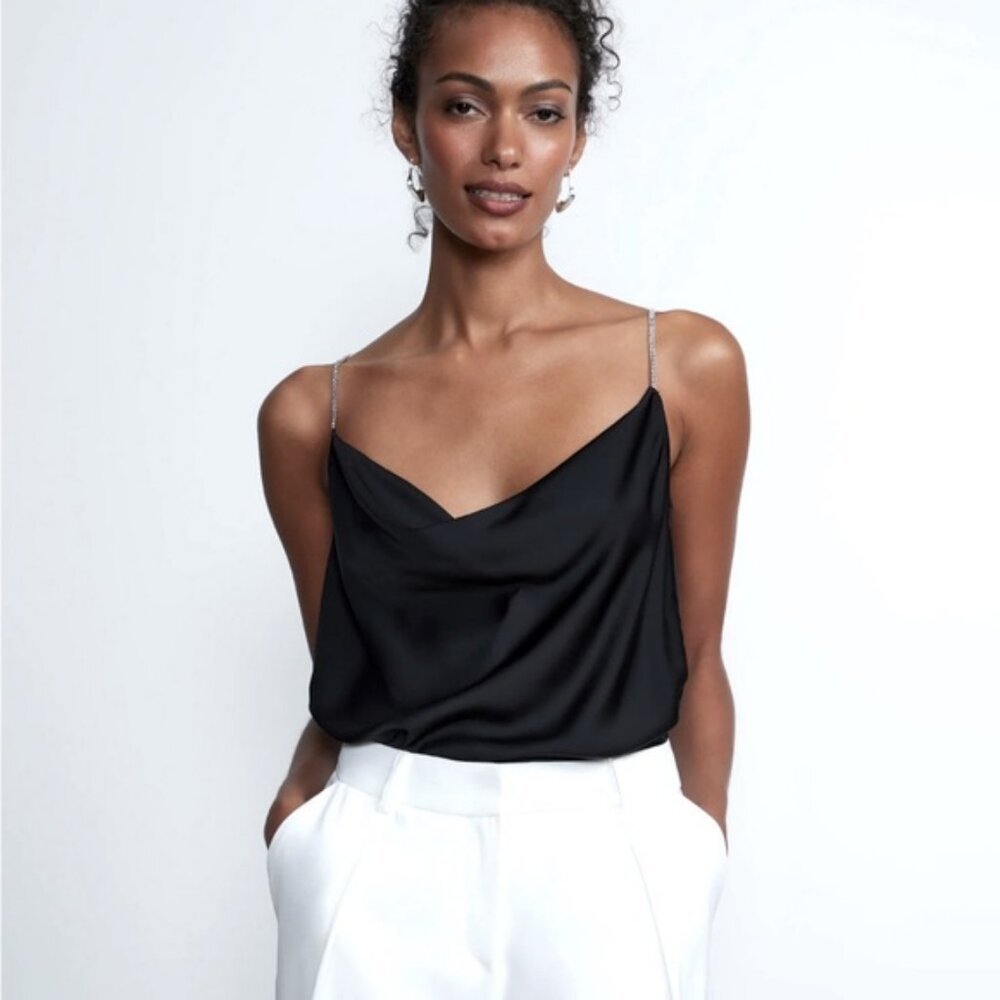 NWT House of Harlow Black Satin Cowl Camisole With Rhinestone Straps